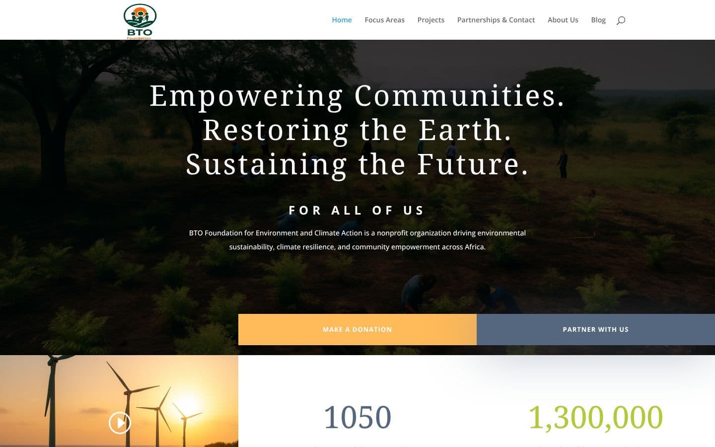 BTO Global Foundation homepage hero with Make a Donation and Partner With Us calls-to-action