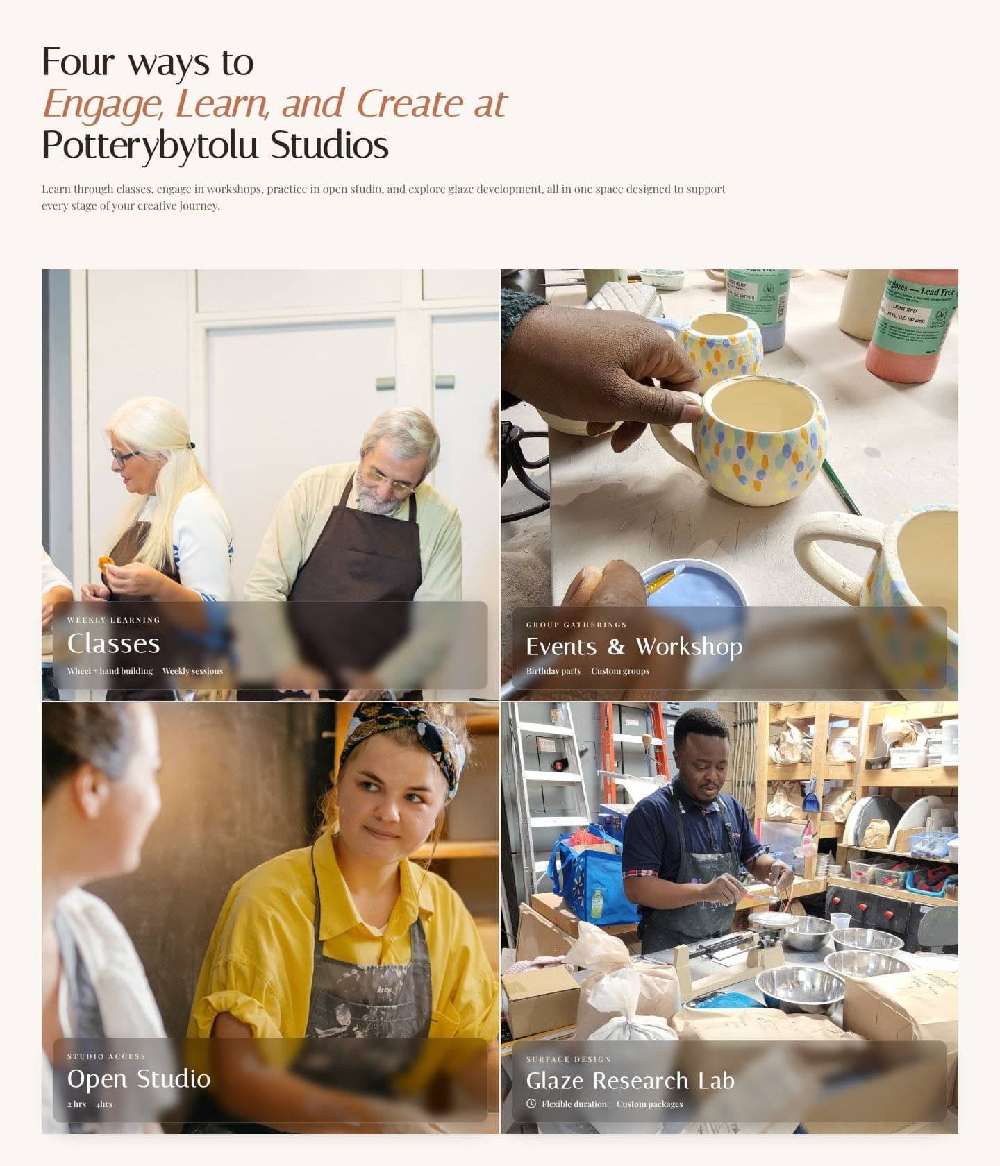 Pottery by Tolu “Four ways to engage” section with photo cards for classes, events, open studio and glaze lab