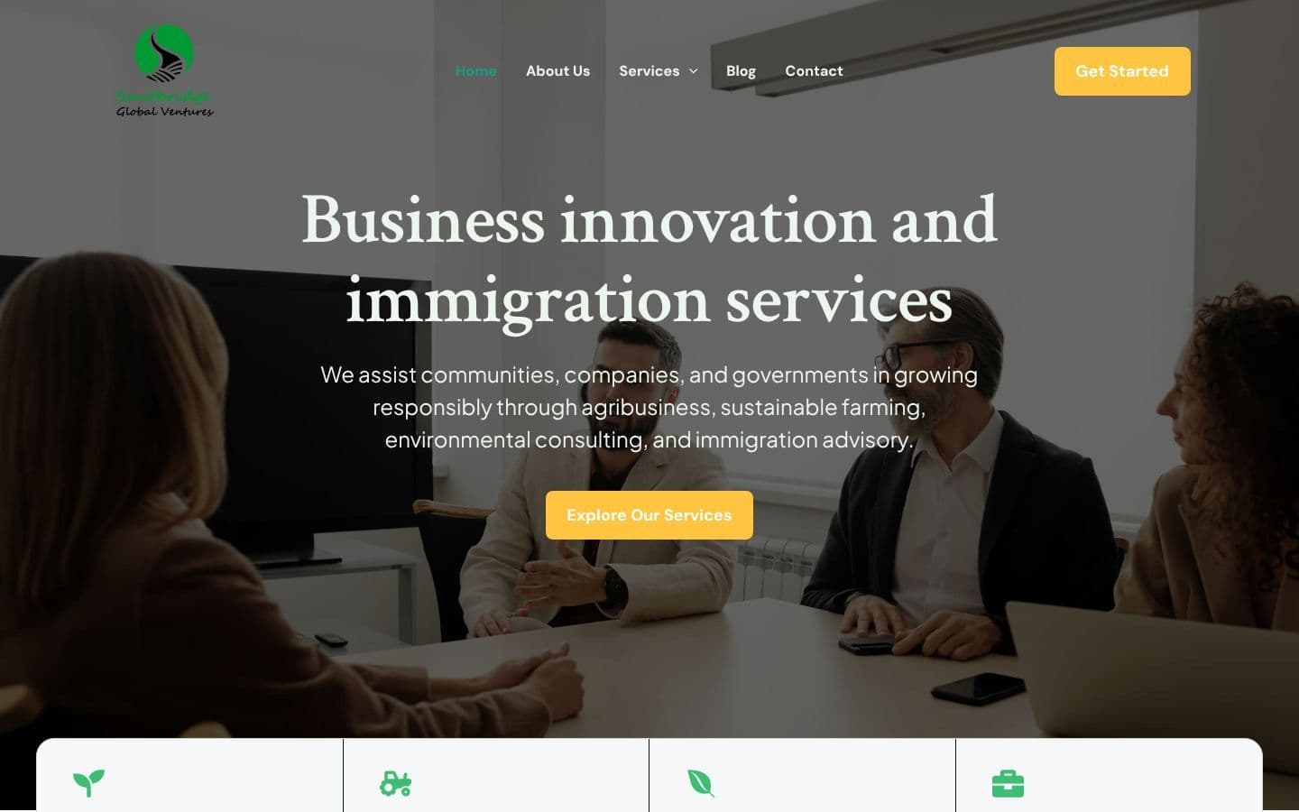 SmitBridge Global Ventures homepage hero with service cards